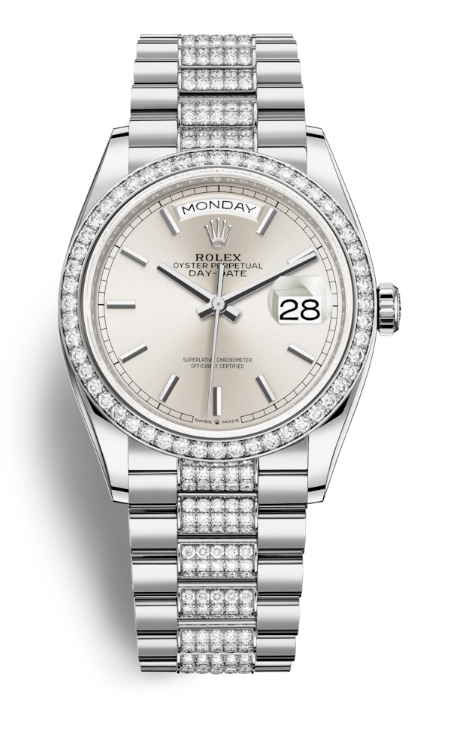 Rolex DayDate 36 Silver Dial 18kt White Gold Diamond Set President Watch 128349SSDP