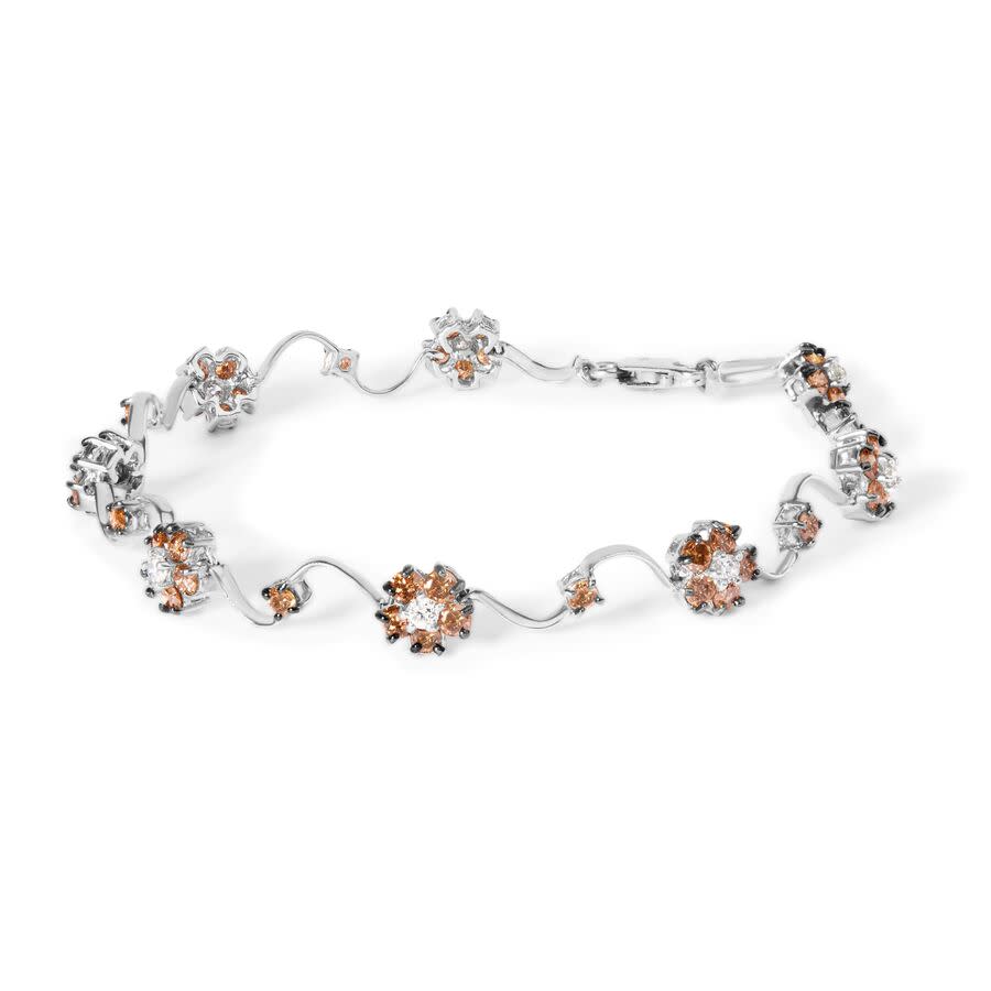 Haus of Brilliance 10K White Gold 40 Cttw Champagne and White Diamond Floral Cluster and Station Link Bracelet 4175$