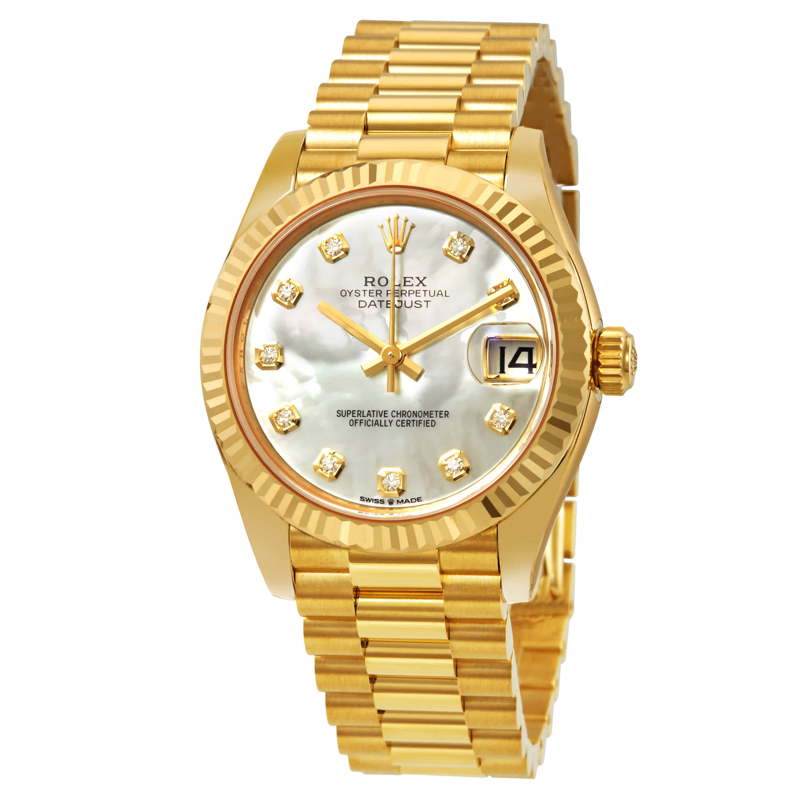 Rolex Datejust 31 Mother of Pearl Diamond Dial Ladies 18kt Yellow Gold President Watch 278278MDP