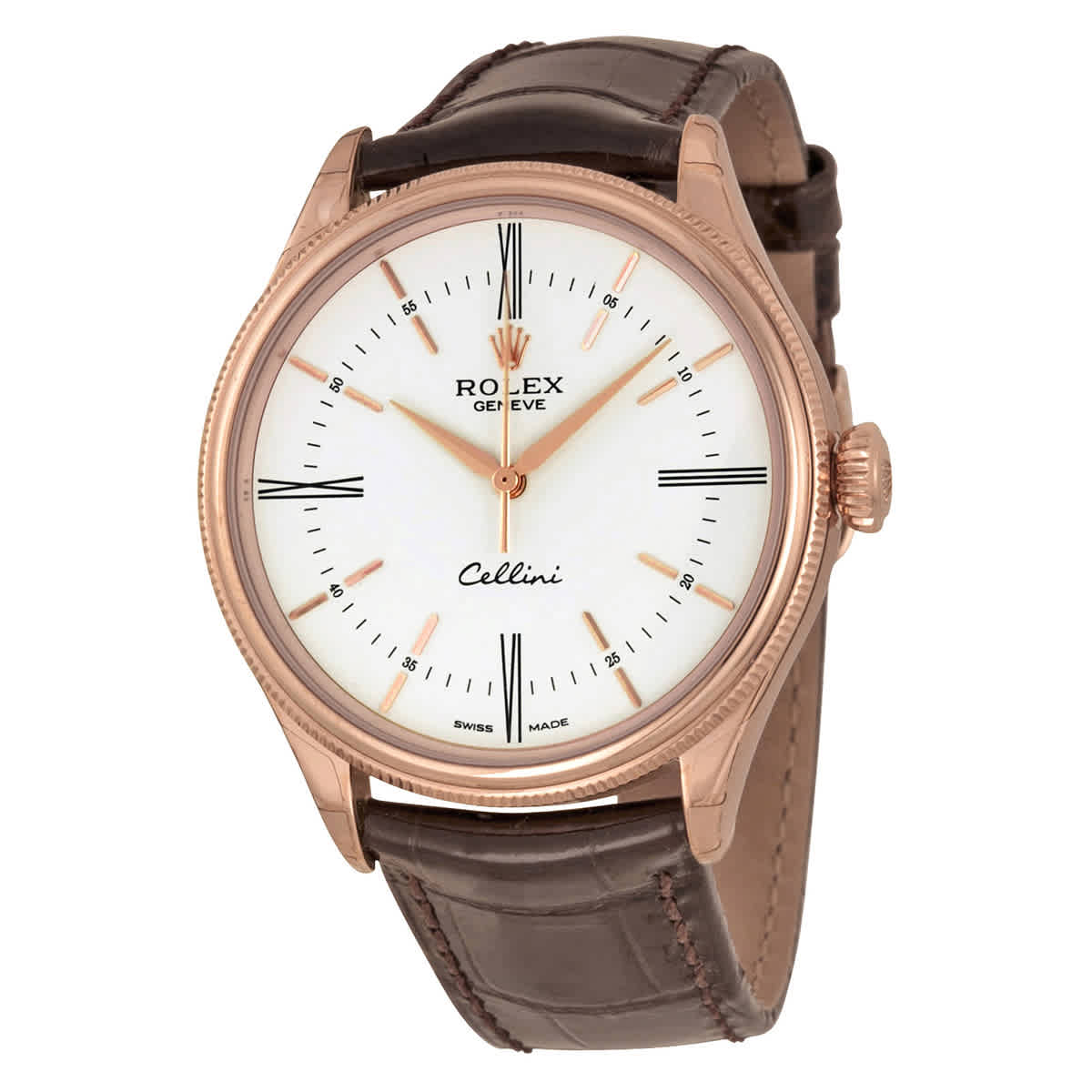 Rolex Cellini White Dial 18K Rose Gold Leather Mens Watch 50505WSRL