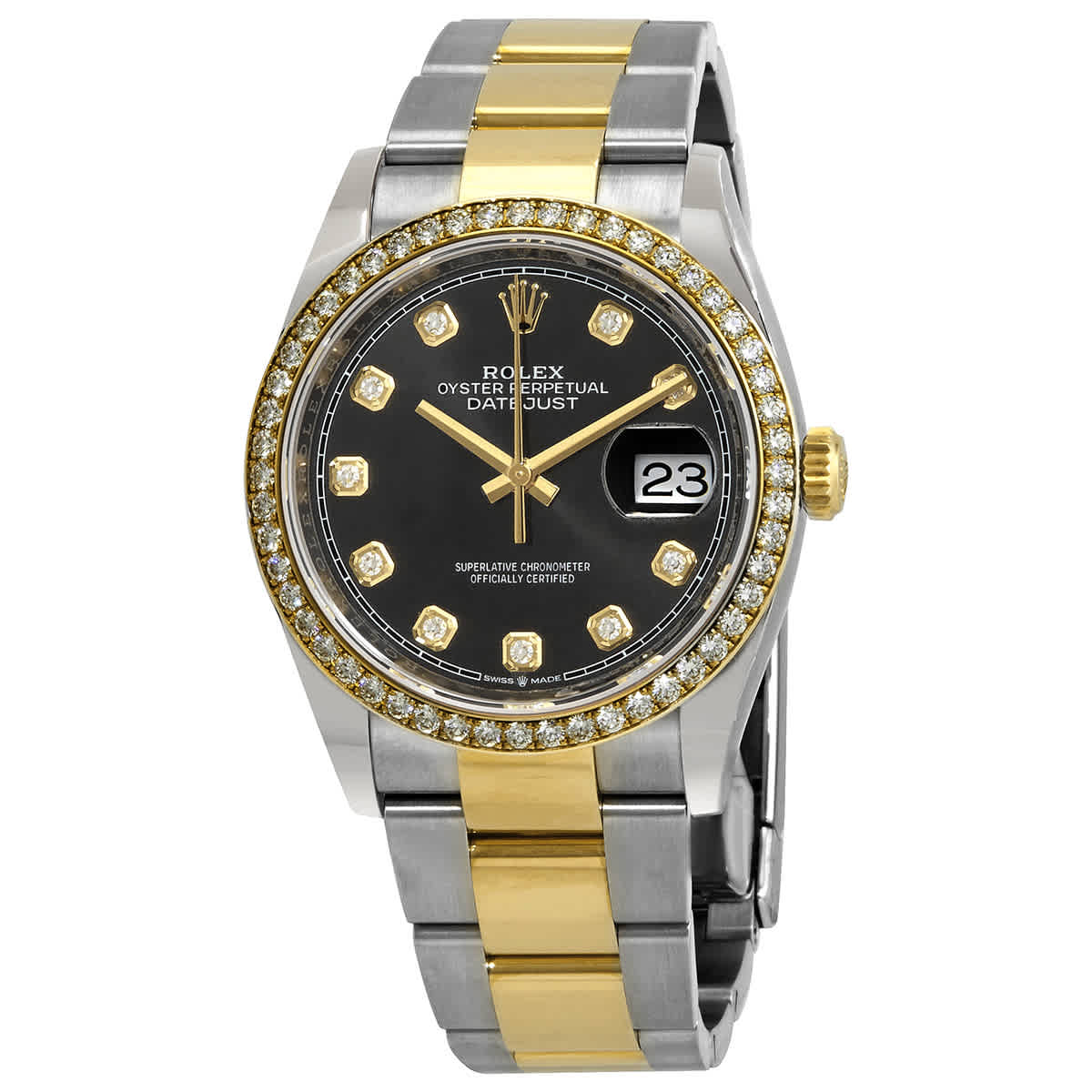 Rolex Datejust 36 Black Diamond Dial Mens Steel and 18kt Yellow Gold Oyster Watch 126283BKDO