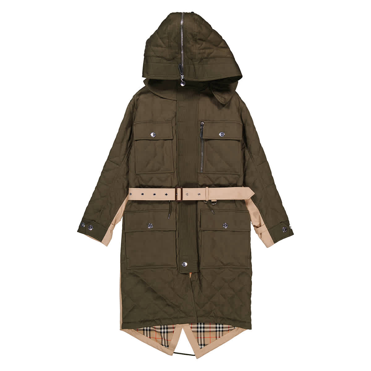 Burberry Men's Olive Green Detachable Hood Quilted Ramie Cotton Parka, Size Small