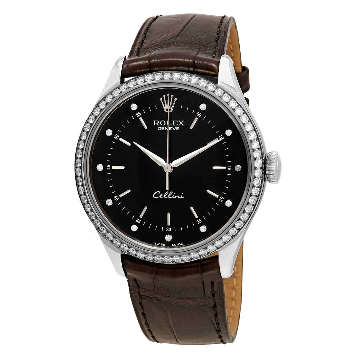Rolex Cellini Time Black Diamond Dial Ladies Alligator Leather Watch 50709BKDL