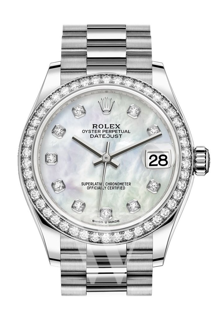 Rolex Datejust 31 Mother of Pearl Diamond Dial Ladies 18kt White Gold President Watch 278289MDP