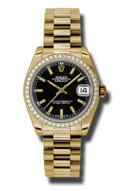 Rolex LadyDatejust 31 Black Dial 18K Yellow Gold President Automatic Ladies Watch 178288BKSP