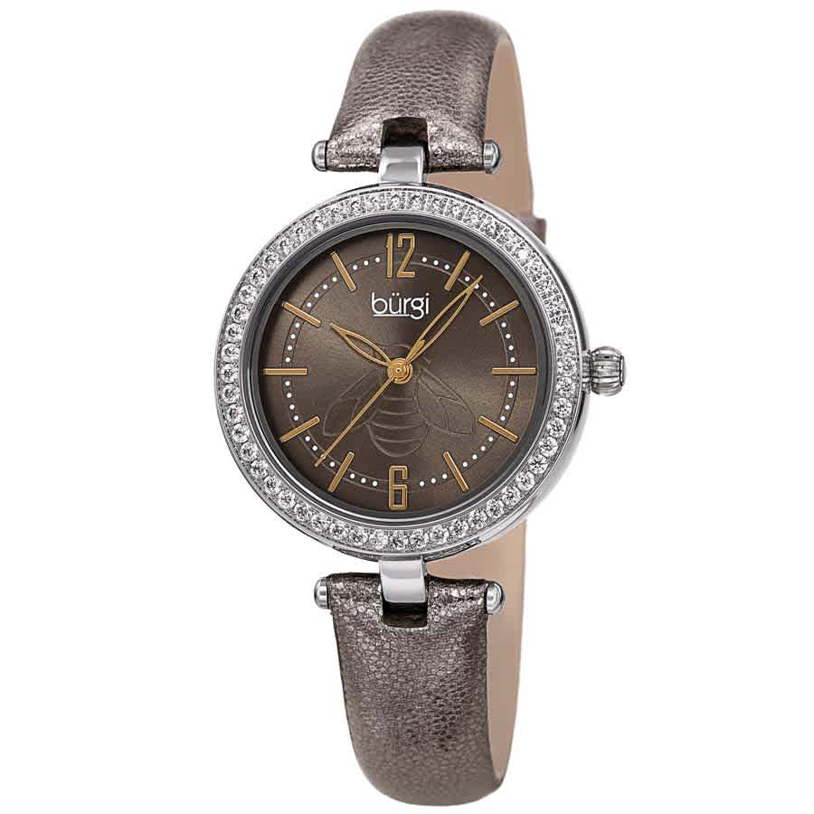 Burgi Crystal Grey Dial Grey Leather Ladies Watch BUR235GY