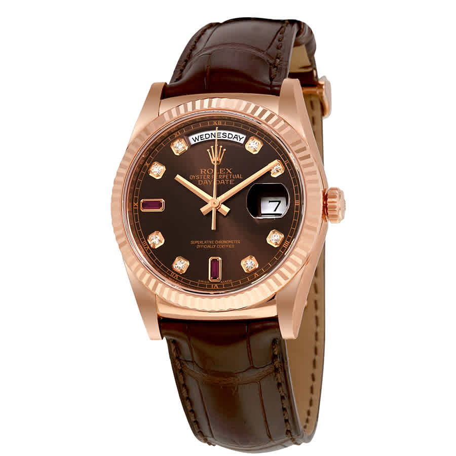 Rolex DayDate Chocolate Brown Diamond and Ruby Dial Leather Automatic Mens Watch 118135CDL