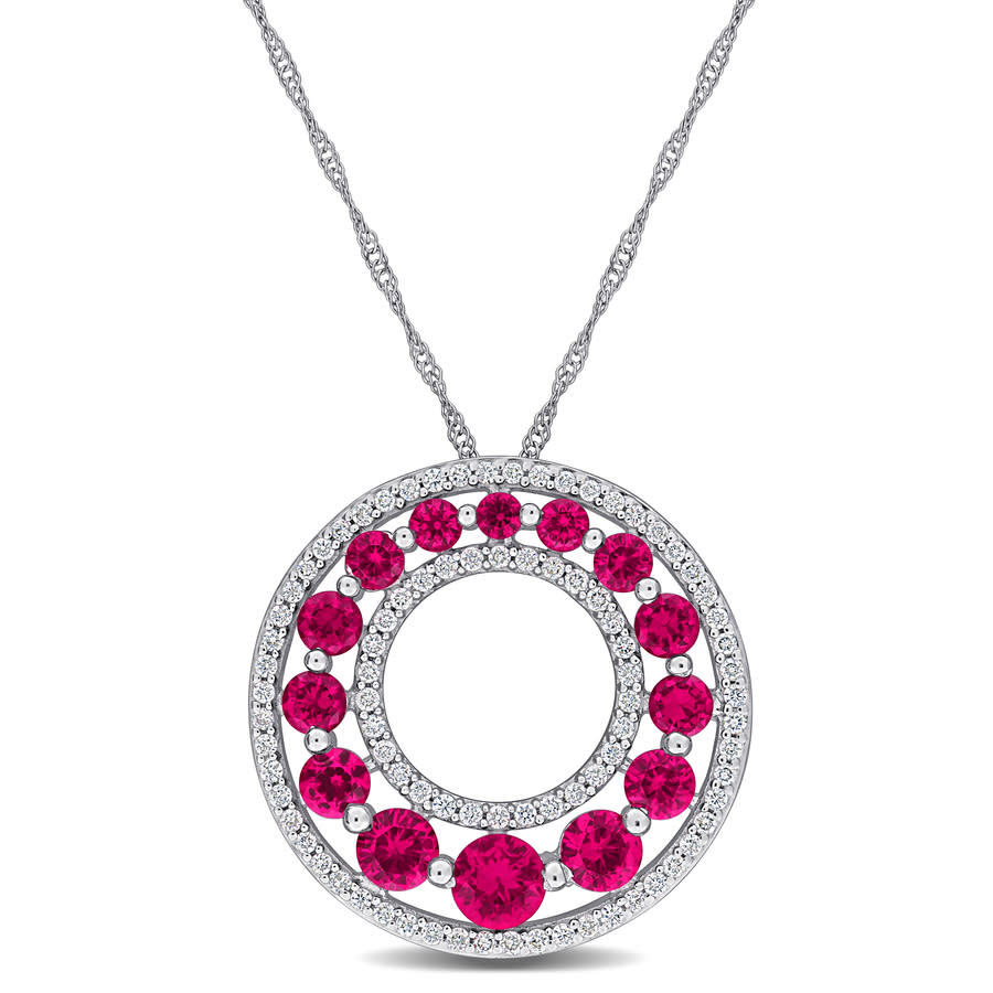 Created Forever 1 3/4CT TGW Created Ruby and 1/3CT TW Lab Grown Diamond Graduated Open Circle Pendant With Chain in 14k White Gold - 17 in