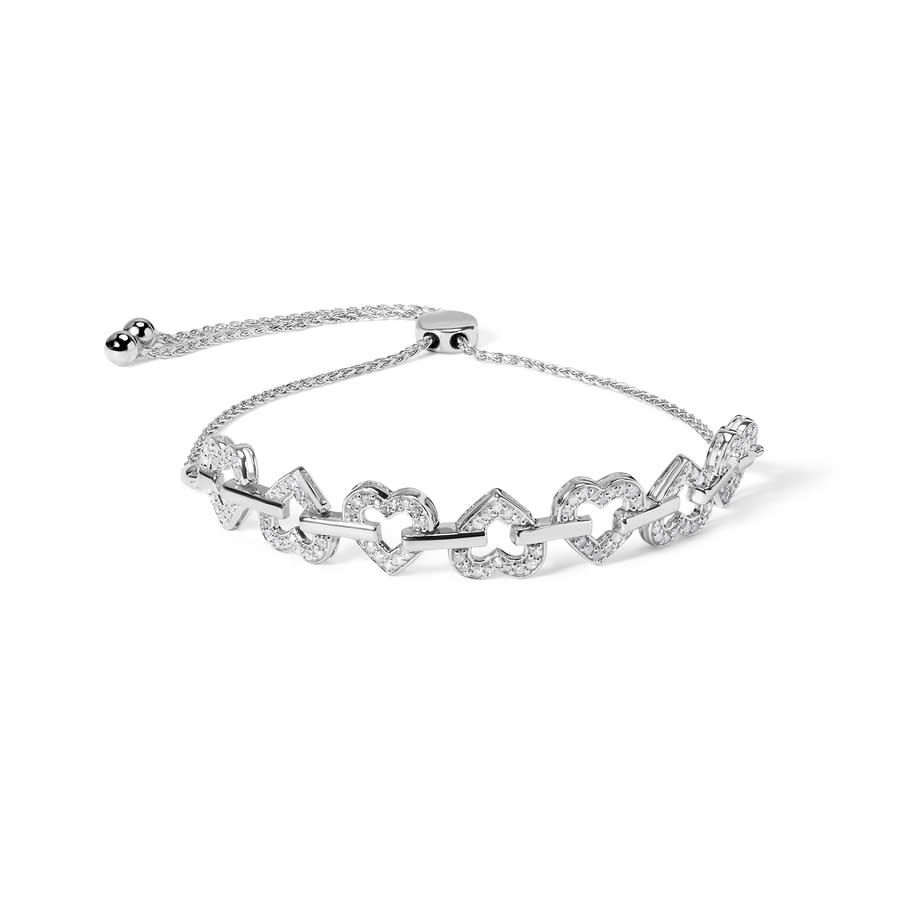 Haus of Brilliance 925 Sterling Silver 12 Cttw Diamond Alternating Heart Link Adjustable Bolo Bracelet 660$