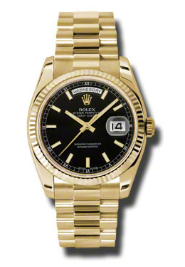 Rolex DayDate Black Dial 18K Yellow Gold President Automatic Mens Watch 118238BKSP