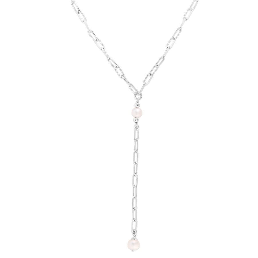 Tresorra Sterling Silver Pearl Paperclip Lariat Necklace 310$