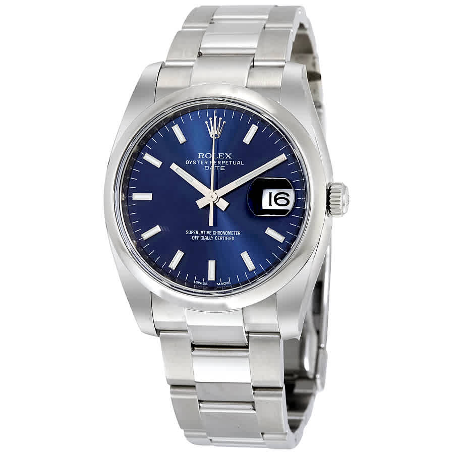 Rolex Oyster Perpetual Date 34 Blue Dial Stainless Steel Bracelet Automatic Mens Watch 115200BLSO
