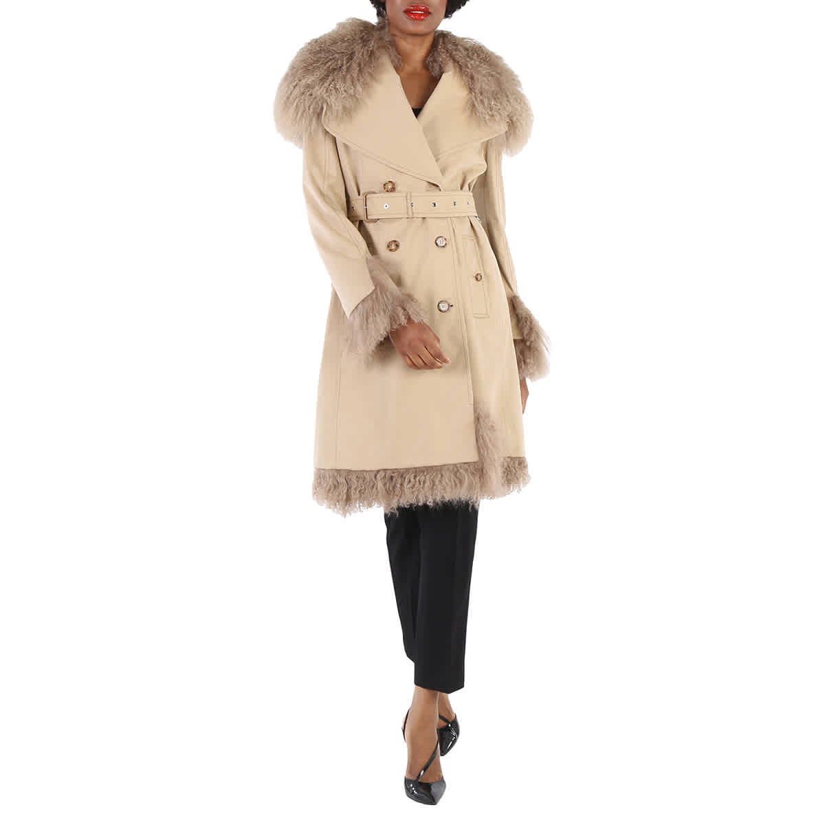 Burberry Cotton Gabardine Shearling Trim Belted Trench Coat