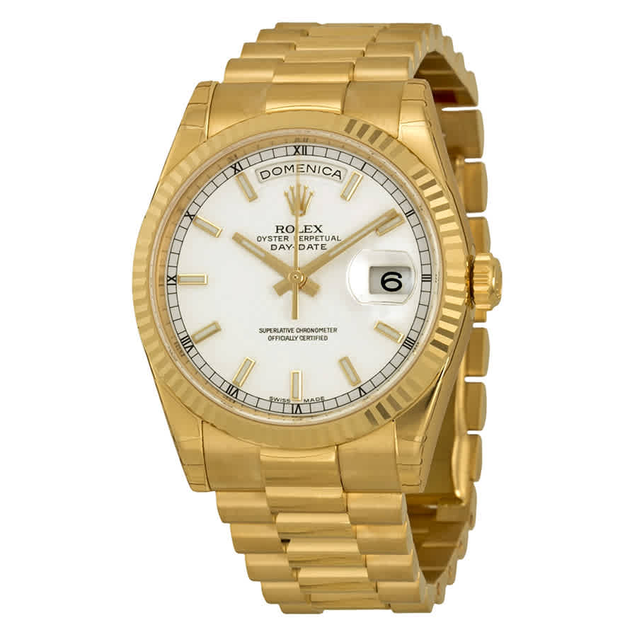Rolex DayDate White Dial 18K Yellow Gold President Automatic Mens Watch 118238WSP