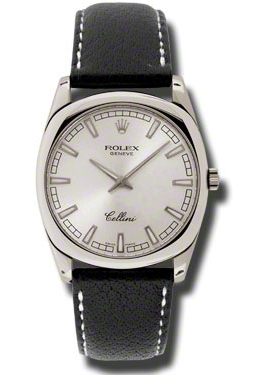 Rolex Cellini Danaos Silver Dial 18kt White Gold Black Leather Mens Watch 42439