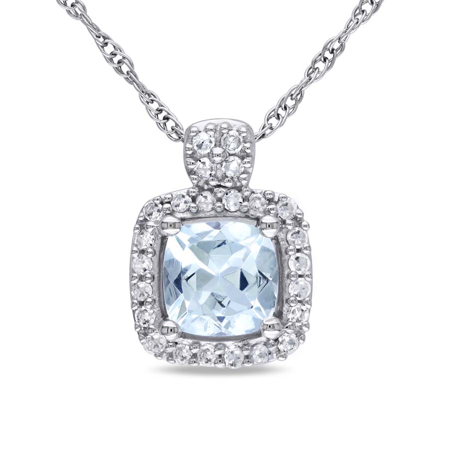 AMOUR Cushion Cut Aquamarine and 110 CT TW Diamond Pendant with Chain In 10K White Gold 250$