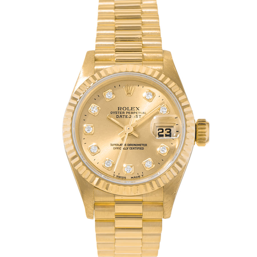 preowned rolex datejust 26 automatic chronometer diamond gold dial ladies watch 69178 cdp