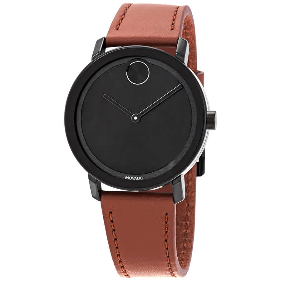 Movado Bold Black Sunray Dial Cognac Leather Mens Watch 3600537 378$