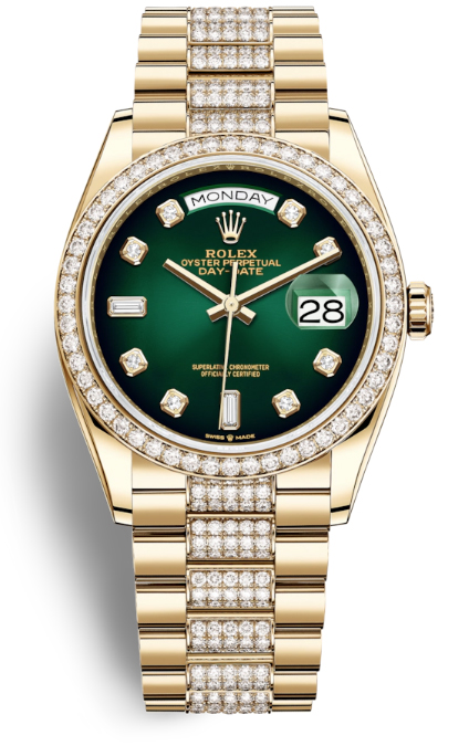 Rolex DayDate 36 Green Dial 18kt Yellow Gold Diamond Set President Watch 128348GNDDP