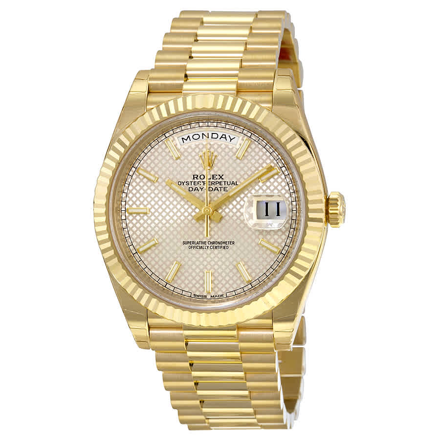 Rolex DayDate 40 Silver Diagonal Motif Dial 18K Yellow Gold President Automatic Mens Watch 228238SSP