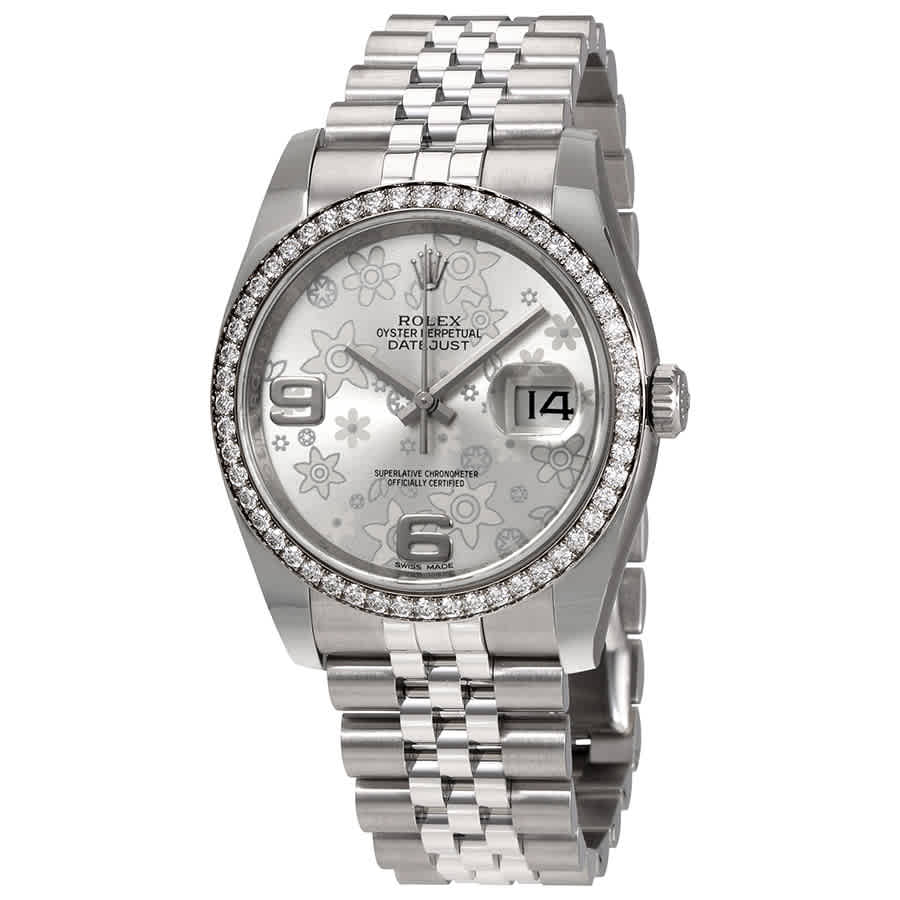 Rolex Oyster Perpetual Datejust 36 Silver Floral Dial Stainless Steel Jubilee Bracelet Automatic Ladies Watch 116244SFAJ