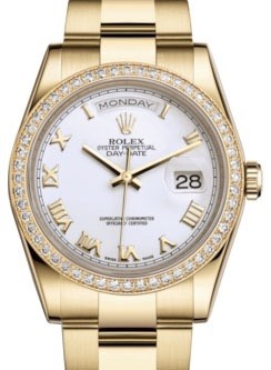 Rolex DayDate 36 Automatic White Dial Ladies 18kt Yellow Gold Oyster Watch 118348WRO