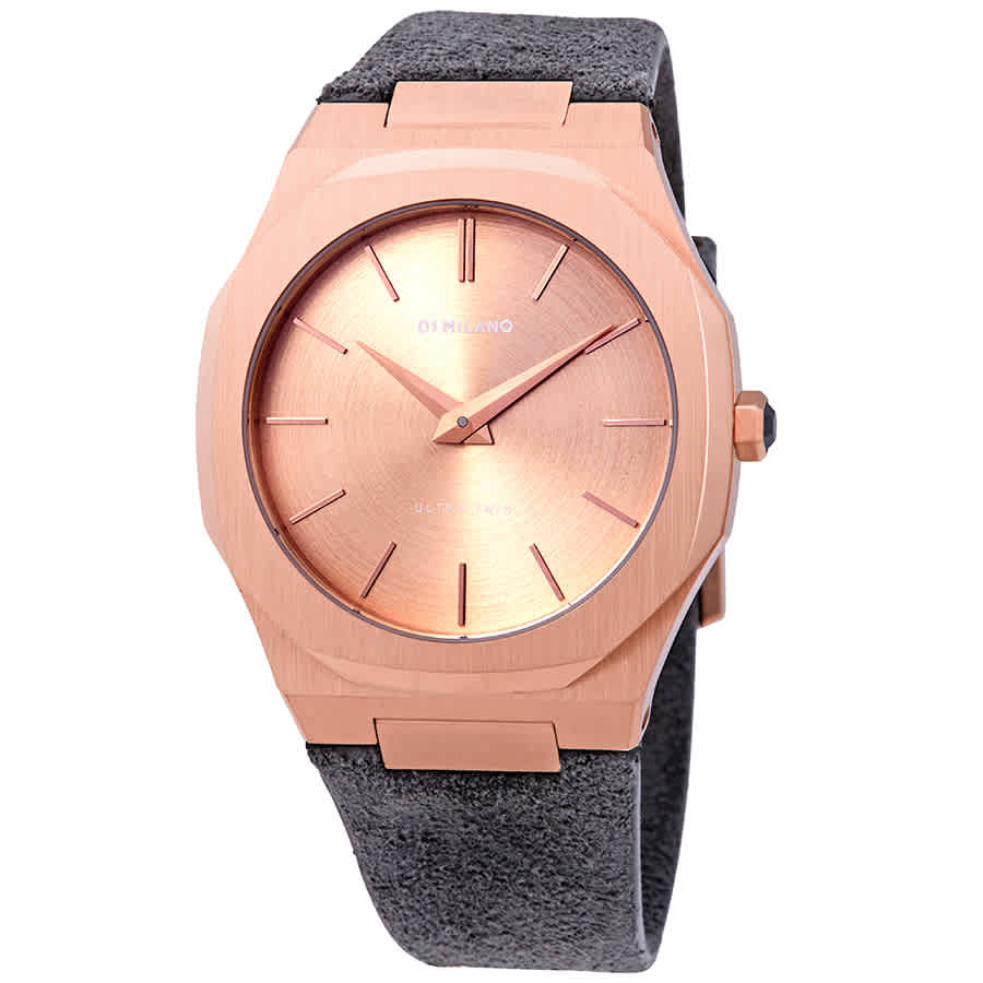 rose gold stainless steel case with gray suede band