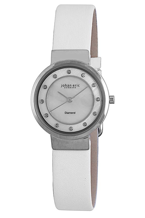Johan Eric Arhus Diamond Round Silver-tone Steel White Leather Ladies Watch JE6100-04-009L 192$