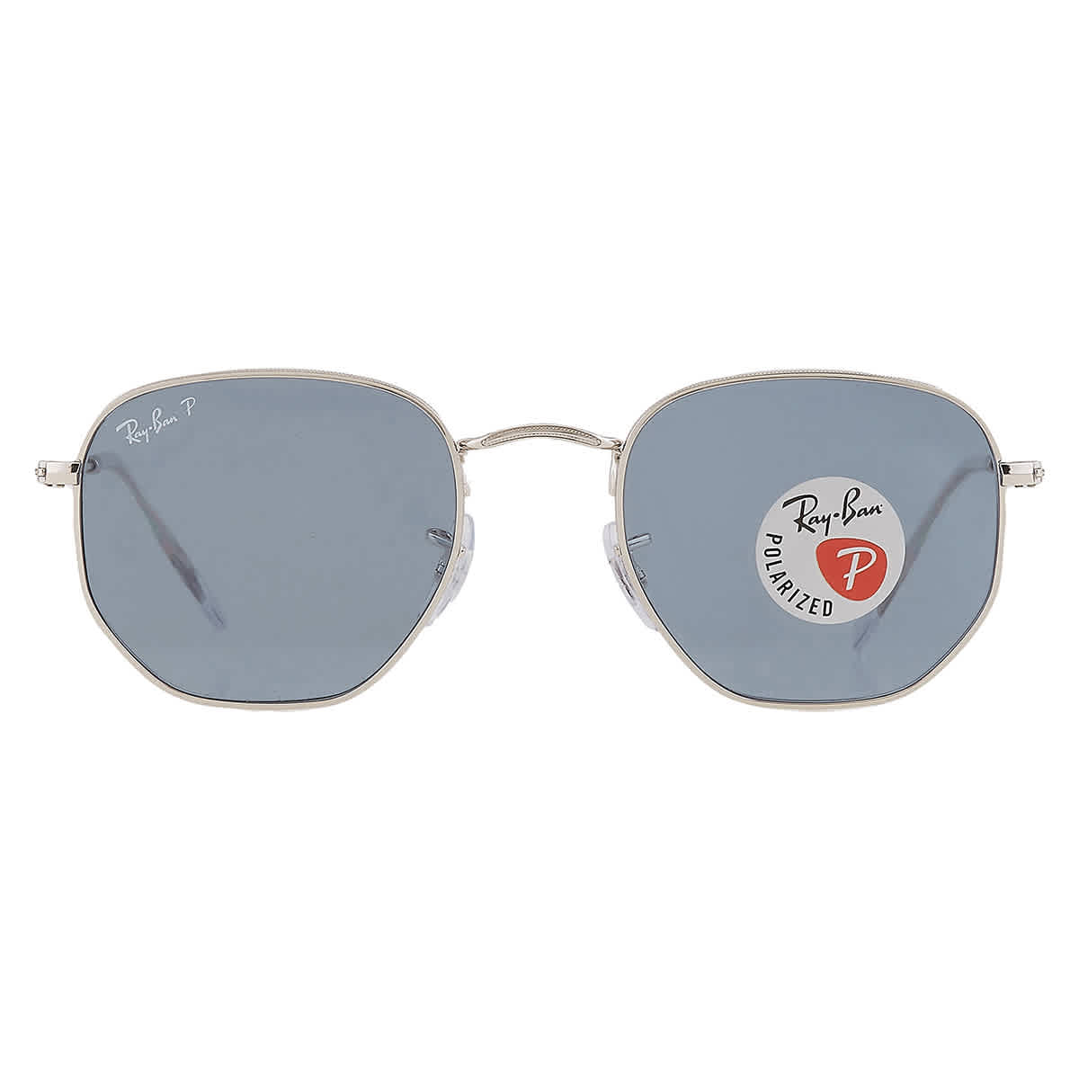 Ray-Ban Hexagonal Flat Lenses Sunglasses Silver Frame Blue Lenses Polarized 51-21
