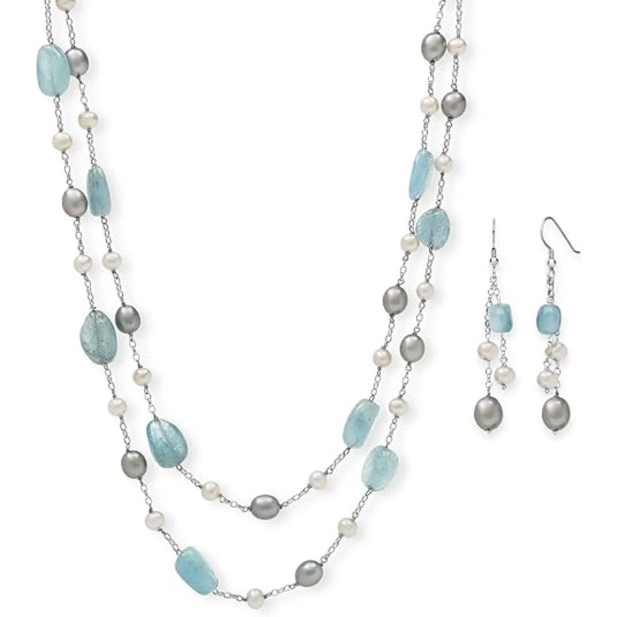 Belacqua Aquamarine Freshwater Pearl Station Necklace in Sterling Silver Tassel Earrings18 Rolo Chain Gift Box Included 142$