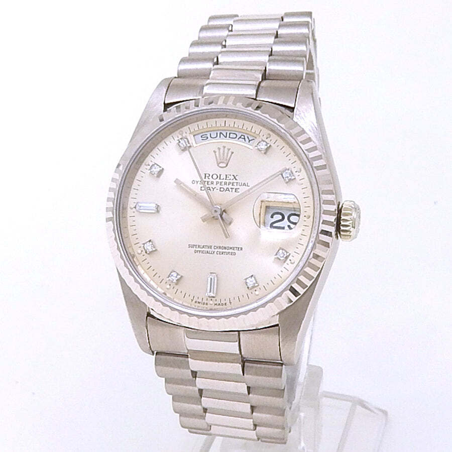 Preowned Rolex Day Date Automatic Chronometer Diamond Silver Dial Mens Watch 18239 SDP