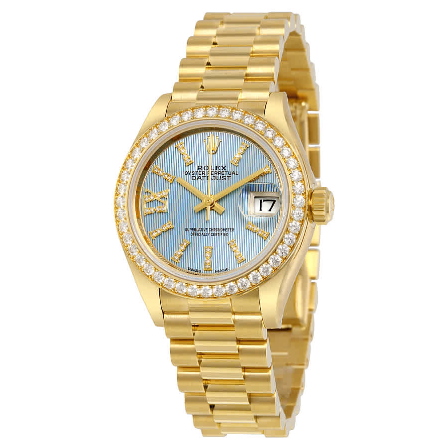 rolex ladydatejust 28 cornflower blue dial 18k yellow gold president automatic ladies watch 279138blsrdp