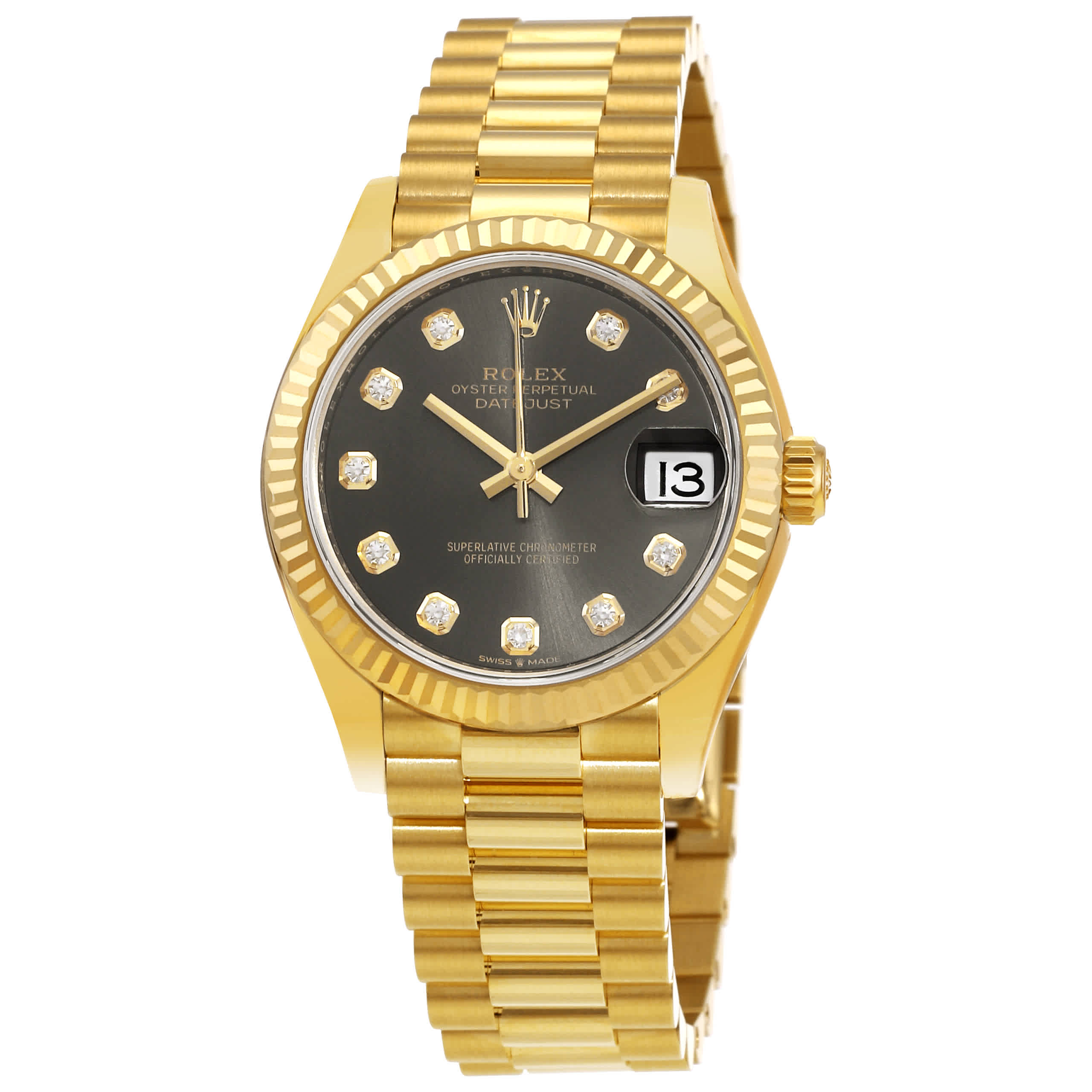 Rolex Datejust 31 Automatic 18kt Yellow Gold Diamond Grey Dial Ladies Watch 278278RDP