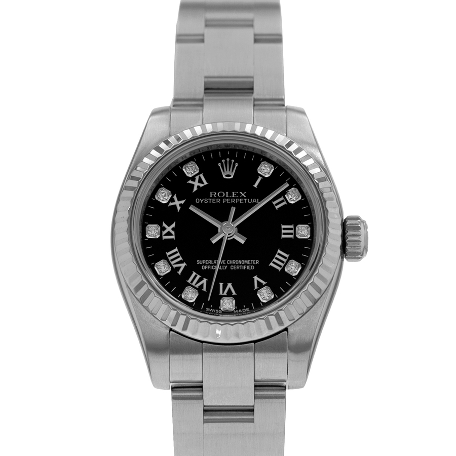Preowned Rolex Oyster Perpetual 26 Automatic Chronometer Diamond Black Dial Ladies Watch 176234 BKDO