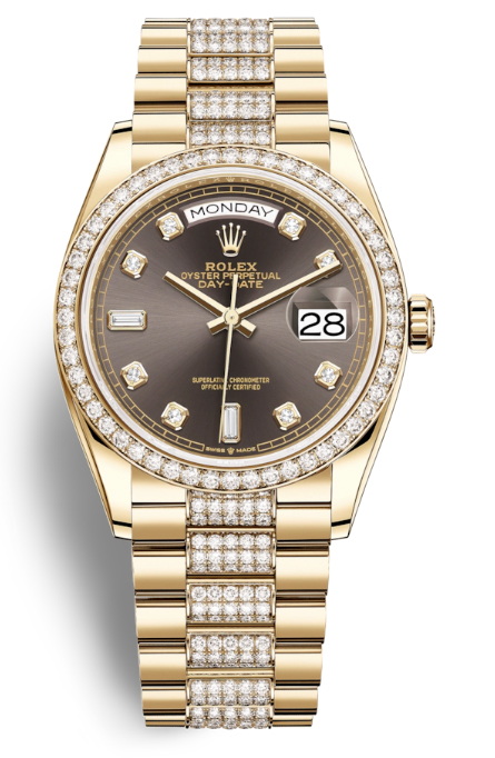 Rolex DayDate 36 Dark Grey Dial 18kt Yellow Gold Diamond Set President Watch 128348GYDDP