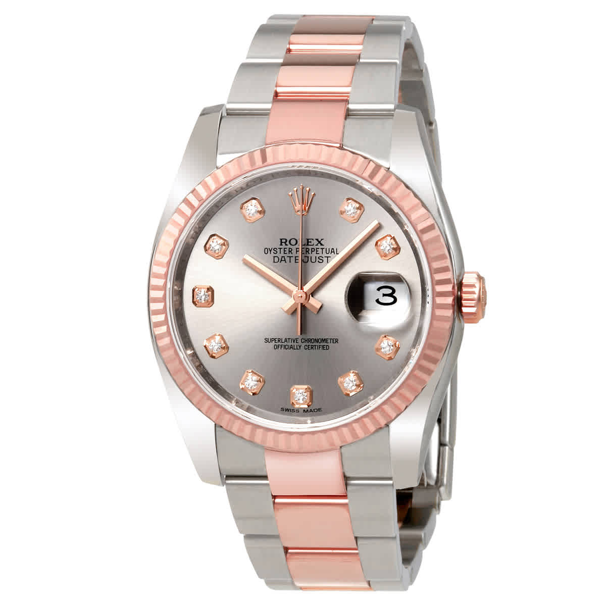 Rolex Datejust Rhodium Dial Steel and 18K Everose Gold Diamond Mens Watch 116231RDO