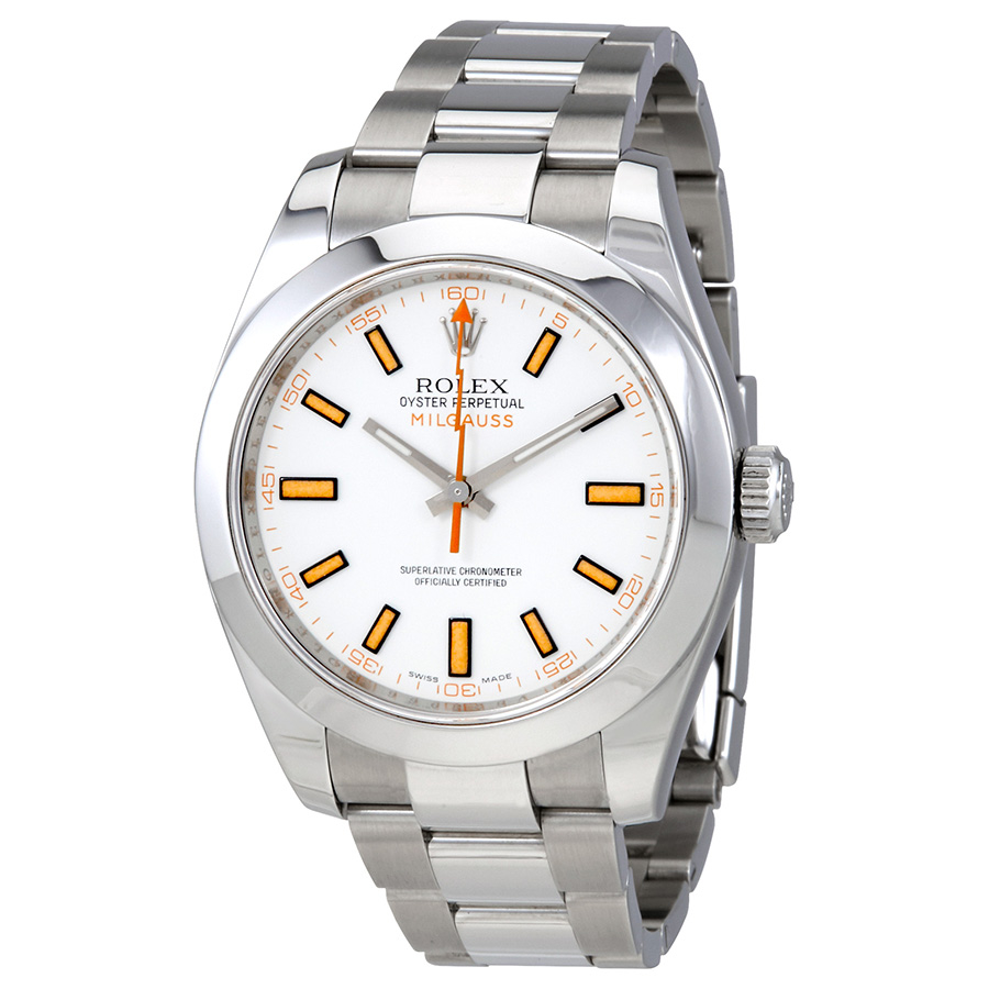 preowned rolex milgauss white dial stainless steel rolex oyster automatic mens watch 116400wso