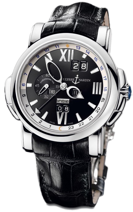Ulysse Nardin GMT Perpetual Black DIal 18kt White Gold Black Leather Mens Watch 320-60-32