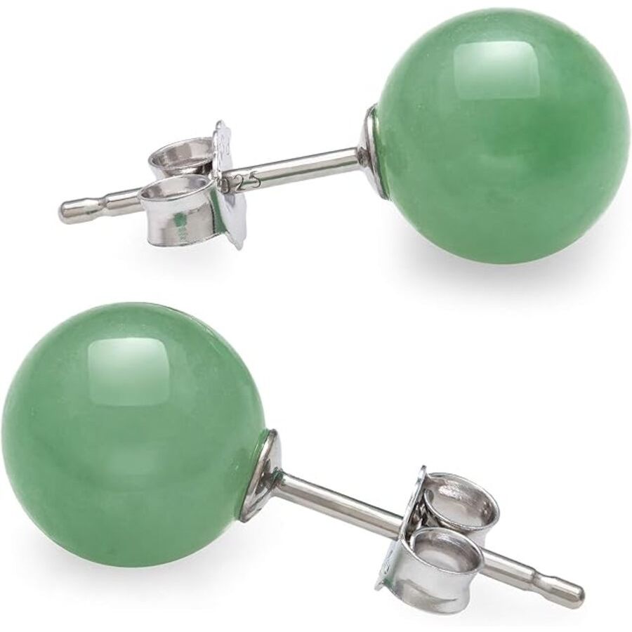 Belacqua Round Natural Green Jade Gemstone Stud Earrings in Sterling Silver Pearl Size - 8mm Push Back - Clasp Gift Box Included 46$