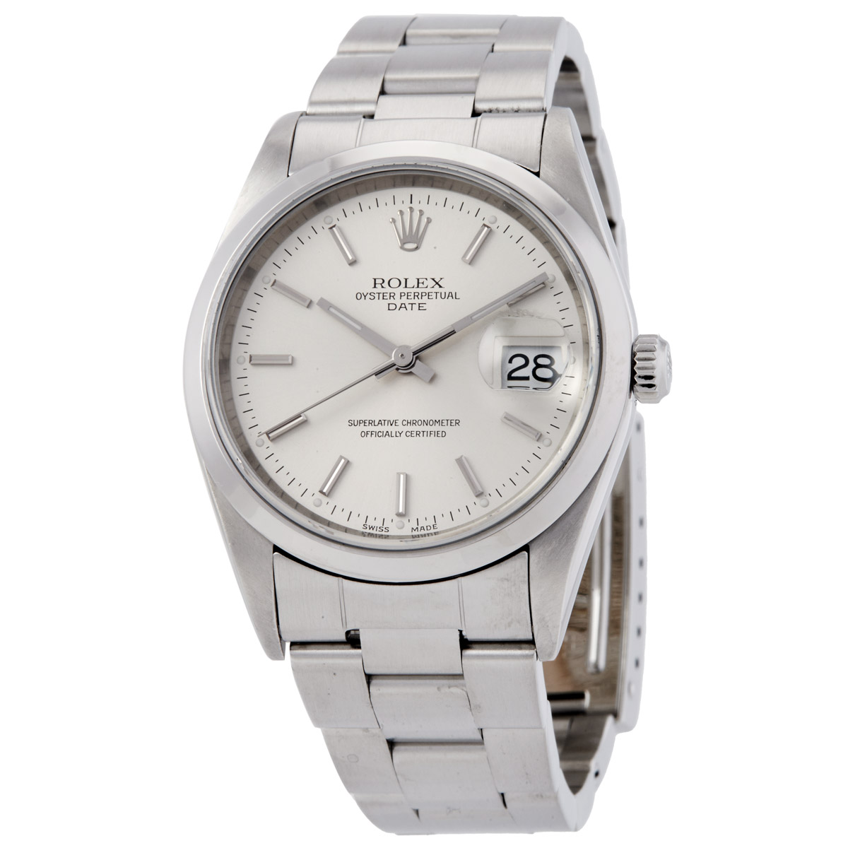 Preowned Rolex Oyster Perpetual Date 34 Automatic Chronometer Silver Dial Mens Watch 15200 SSO