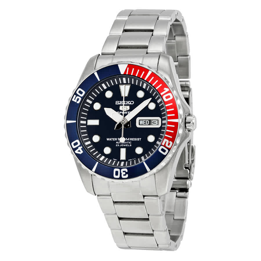 Seiko 5 Dark Blue Dial Diver Stainless Steel Automatic Pepsi Bezel Men