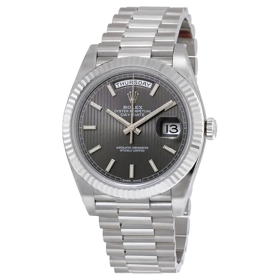 Rolex DayDate 40 Dark Rhodium Stripe Motif Dial 18K White Gold President Automatic Mens Watch 228239RSSP
