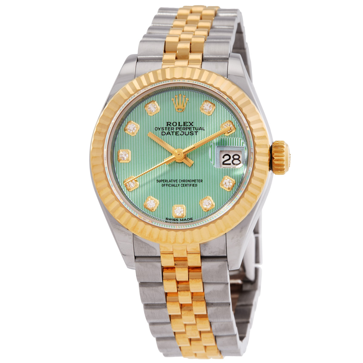 preowned rolex datejust 28mm automatic diamond green dial ladies watch 279173gndj