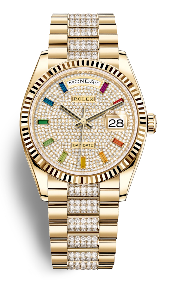 Rolex DayDate 36 Rainbow Baguette Dial 18kt Yellow Gold DiamondSet President Watch 128238DSDP