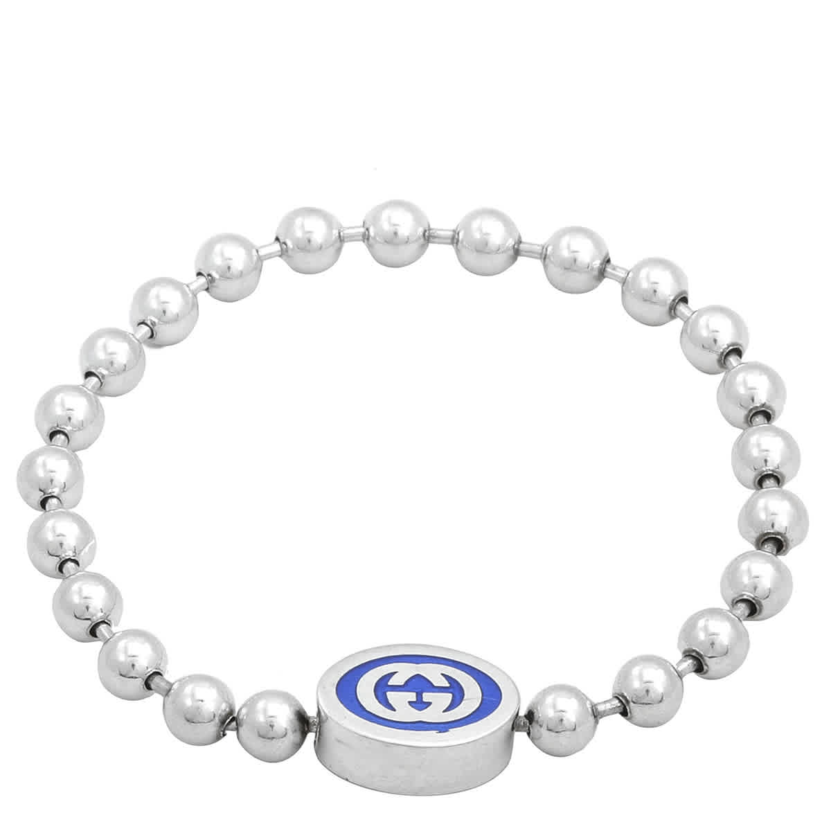 Gucci Interlocking G Boule Chain Sterling Silver Blue Enamel Bracelet Size 16 - Yba753437001 405$