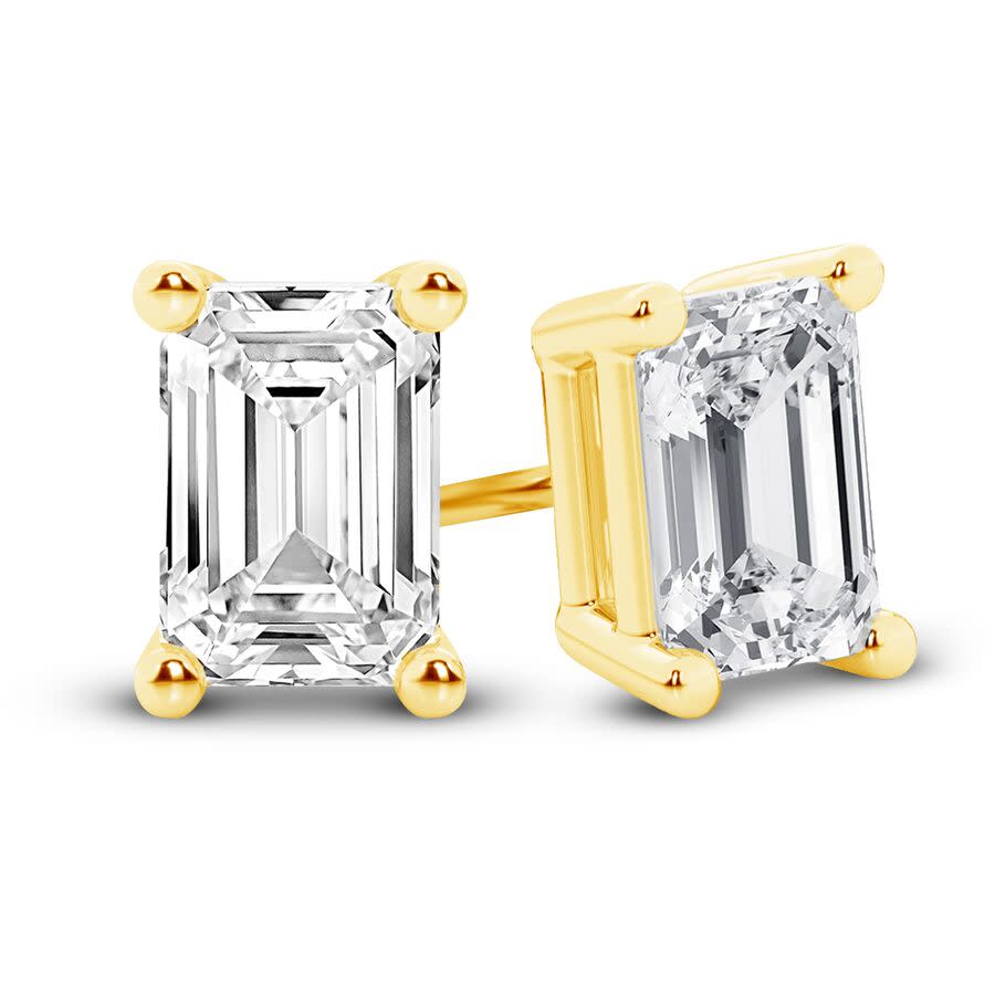 Brilliant Diamond 14K Yellow Gold IGI Certified 2 Carat Emerald Cut Lab Grown Diamond Stud Earrings for Women, VS Clarity, E-F Color