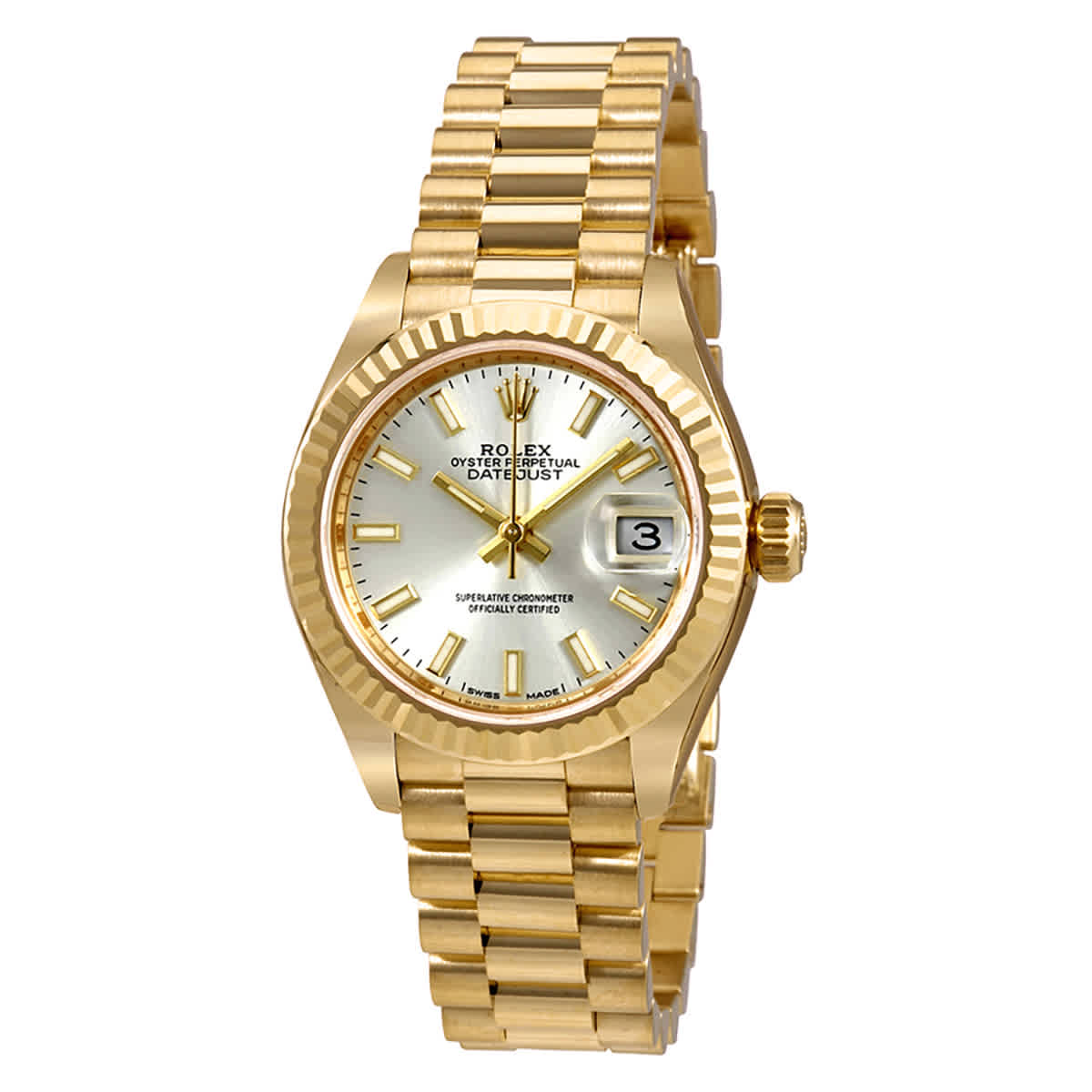 Rolex LadyDatejust 28 Silver Dial 18K Yellow Gold President Automatic Ladies Watch 279178SSP