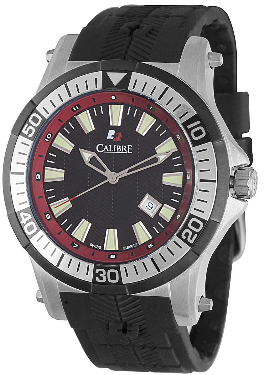 Calibre Hawk Date Black and Red Dial Black Rubber Mens Watch SC-4H1-04-007-4 226$