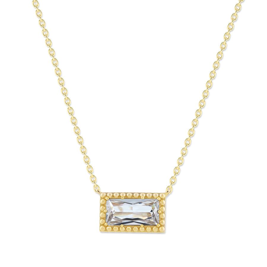 DiamondMuse Belacqua White Zircon April Birthstone Baguette Pendant Necklace in 14K Gold Plated Sterling Silver