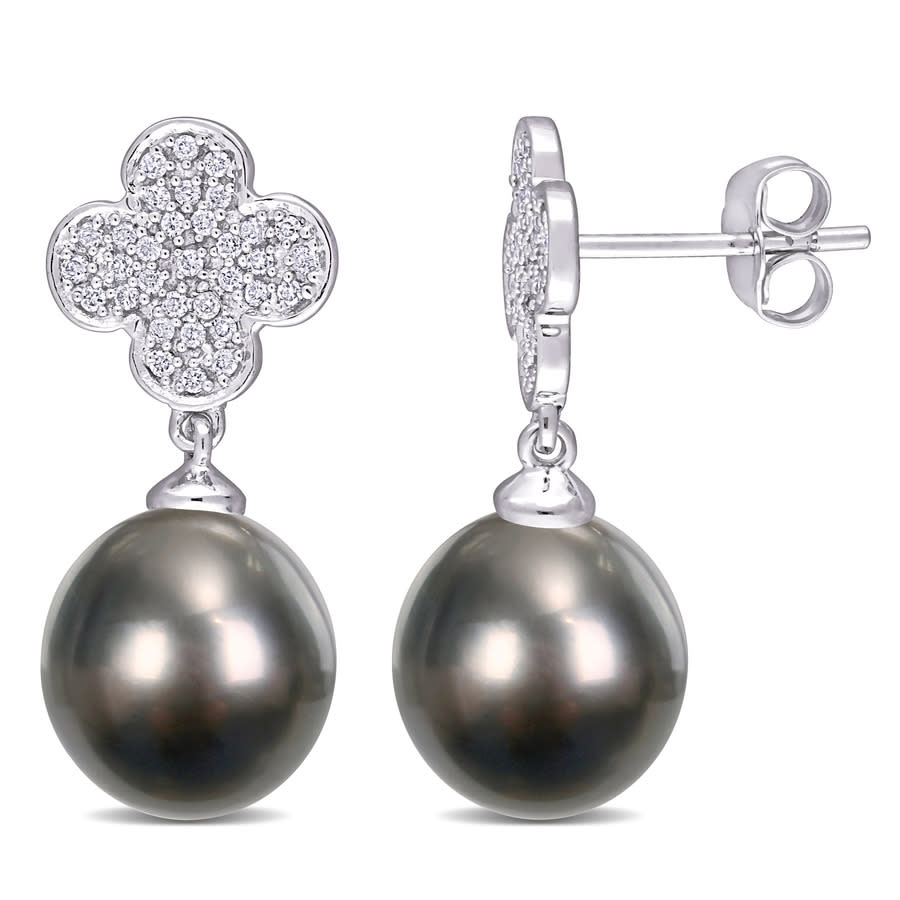AMOUR 10-105mm Black Tahitian Cultured Pearl and 15 CT TDW Diamond Flower Drop Earrings In 10K White Gold 515$